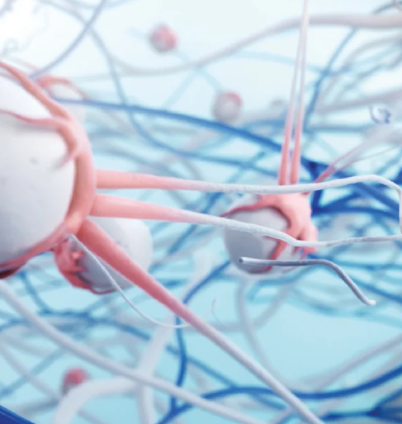 Illustration abstraite représentant un réseau de cellules et de structures biologiques dans des tons bleus et roses.